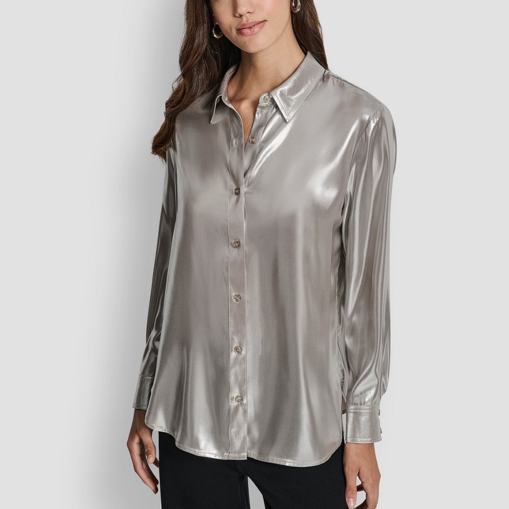 DKNY Petite ClassicFit Button Front Long-Sleeve Blouse
Sz PM Color Metallic Zinc